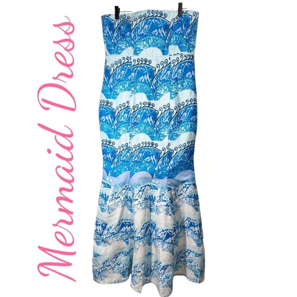 HANDMADE GHANA‎ MERMAID STRAPLESS SEMI FORMAL MAXI DRESS BLUE WHITE